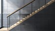 a black modern handrail, featuring flat profiles and a wooden oak handrail, adorning a contemporary staircase in a room with the entire stairs visible, showcasing modern design at its finest.