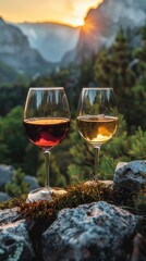 two wine glasses, one filled with red and the other with white wine, set against the backdrop of maj