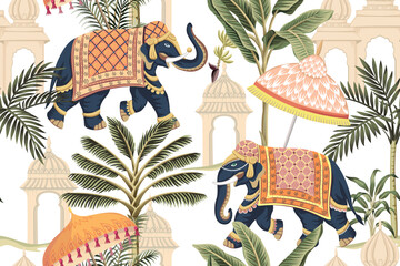 Canvas Print - Indian elephant with umbrella, palm trees and architecture seamless pattern. Oriental vintage wallpaper