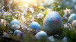 easter eggs in the grass, Springtime magic captured in a single frame--a cluster of dainty Easter eggs surrounded by lush greenery and delicate blooms. The light blue setting exudes tranquility.