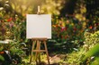 blank rustic wooden easel holding a canvas in a path garden