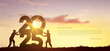 Silhouette two men pushing to connect jigsaw 2025 with sunlight and bright sky. 2025 Creative vector black symbol of business corporate teamwork to solutions, success and strategy concept illustration