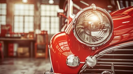 A close-up of the front headlight. Front view of a blue luxury retro car. Old School red car headlight