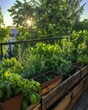 ©  Green Creator - Organic herb garden on a sunny balcony, wide angle, lush greenery, urban farming , low texture