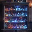 A haunted medicine cabinet filled with bottles of potions and remedies, emitting an eerie glow