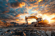 Excavator Working on Earthworks at Sunset. A single excavator operates amidst earthworks against the backdrop of a vibrant sunset sky.
