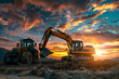 Sunset Silhouettes of Construction. Two titans of construction, an excavator and a wheel loader, highlighting the beauty of industrial might in nature.