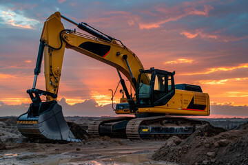 Dusk Over the Construction Site. A yellow excavator stands against a vibrant sunset sky, poised for action on the construction site, symbolizing progress at the end of the day.