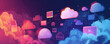 Colorful abstract illustration of cloud computing services with interconnected devices and data management icons on vibrant gradient background for digital network connectivity and technology concept