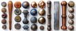 Collection of decorative furniture handles in mixed finishes. Ornate metal knobs and pulls on white backdrop. Concept of cabinetry hardware, interior design variety, home fittings. Top view. Flat lay