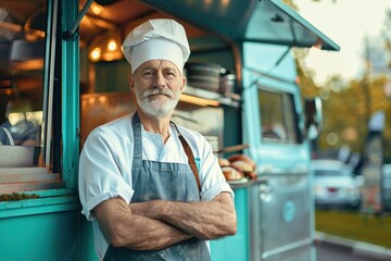 Wall Mural - Portrait of mature male chef, food truck owner