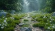 Rocky mountain path, early morning, dew on grass, first-person view, cool tones, clear and sharp.