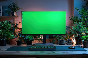 Poster - A minimalist desk setup with a Monitor, keyboard and phone on it,