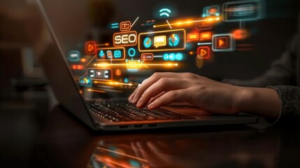 close-up of hands typing on a laptop keyboard. Above the laptop, digital icons are floating, signifying various aspects of SEO (Search Engine Optimization).