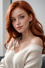 Poster - portrait of a beautiful red-haired girl with freckles on her face