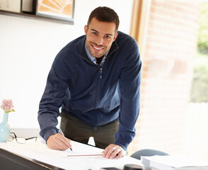 Poster - Man, portrait and architect with plan for design in office, documents and drawing on blueprint. Male person, drafting and engineer for building idea on paper, solution and pen for project at desk