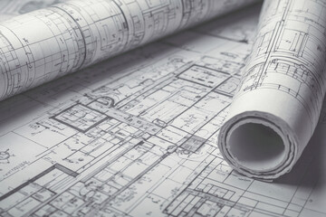 The part of architectural project. Partially visible blueprints, architectural plans. Concept of the part of architectural project