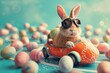 A humorous scene of a bunny wearing goggles driving a car shaped like an Easter egg on a racetrack scattered with eggs.