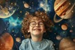 A joyful child with curly hair and spectacles imagines being in space