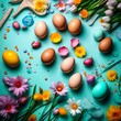 easter eggs and flowers on a white background