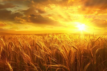 Yellow field with ripe wheat ears on sunset background