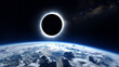 A total solar eclipse from the sky, under which clouds and the surface of the Earth are visible.
