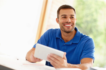 Aufkleber - Tablet, work and man in home office for remote job, freelance or planning app for creative project. Smile, male person and entrepreneur with technology for networking, information or browsing website