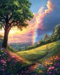 Lush green hill with rainbow, after rain, vibrant landscape, hopeful scenery. flat vector illustration, illustration --ar 4:5 --stylize 750 --v 6 Job ID: fdcca48f-d50a-4942-b9af-dd3a3e98b97f