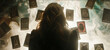 The back view of a woman with long brown hair standing in front of an array of Tarot cards floating around her
