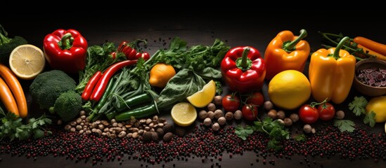 Wall Mural - Healthy food background. Fresh vegetables and spices on wooden table.