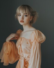 Wall Mural - Elegant Young Woman in Peach Off-Shoulder Dress. Generative AI.