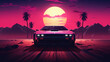 © ribelco - 80s retro futuristic drive with vintage car. Stylized sci-fi landscape race in outrun VJ style, night sky. Vaporwave 3D illustration background for EDM music video, DJ set, club. 4k