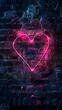 An abstract brick wall background with radiant neon frame for celebratory message. A neon heart as an electric symbol of love in a dark setting.
