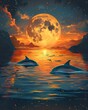 Moonlit sea with dolphins, nocturnal ocean life, serene water, marine animals. wallpaper, background