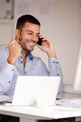Poster - Man, fist and phone call in office for success, computer and business deal negotiation. Male person, smile and app for conversation or talking, internet and connection for online win or promotion