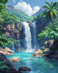 Rainforest waterfall oasis, lush greenery, exotic location, tranquil nature,  background, wallpaper