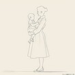 Young mother holding a baby in her arms, nude colors, mother hugging a newborn, warm feelings, love, line, outline drawing in doodle style. AI generated illustration