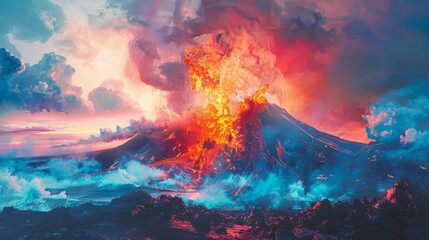 Abstract simplification of a volcanic eruption, pastel drama.