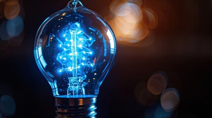 Wall Mural - blue filament of a light bulb glowing against a bokeh background