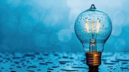 Wall Mural - illuminated lightbulb with raindrops against a blue bokeh background
