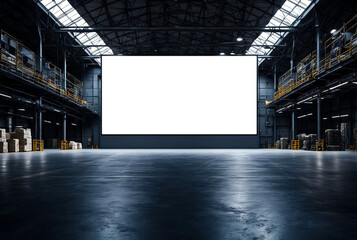 Big large screen on dark factory interior or empty warehouse, clear screen backdrop, front view. Presentation board, screen display for creative design. Advertising mockup concept. Copy ad text space