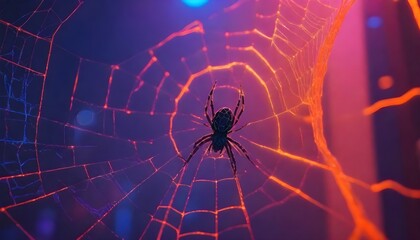 close-up of a spider web with purple lighting against a dark background