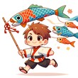 cute illustration of running japanese boy holding Koinobori carp streamer 

