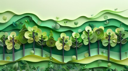 Wall Mural - quilling art landscape of a reforestation area, showing young trees and regrowth, using green shades of sustainable papers, to inspire reforestation efforts and forest recovery initiatives.