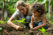An adult teaches a child to plant a tree for a greener and more sustainable future for the environment.
