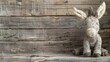 Plush donkey toy sits against rustic wooden backdrop, looking bit worn and dusty