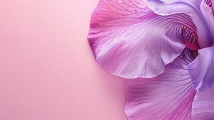 Wall Mural - Close-up of delicate pink flower petal with water droplets and soft lighting on background