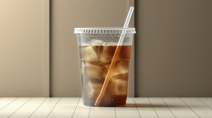 Vector realistic 3d empty clear plastic disposable cup with a straw closeup isolated on transparency grid background. Design template of packaging mockup for graphics - milkshake, tea, fresh juice