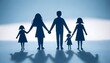 Silhouette of Family woman with daughter and husband and childrens holding hands, with a blue gradient background