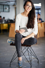 Aufkleber - Woman, office and chair with tablet in happiness for break on internet or online for research as interior designer. Employee, browse and website for projects, creativity and ideas for design agency